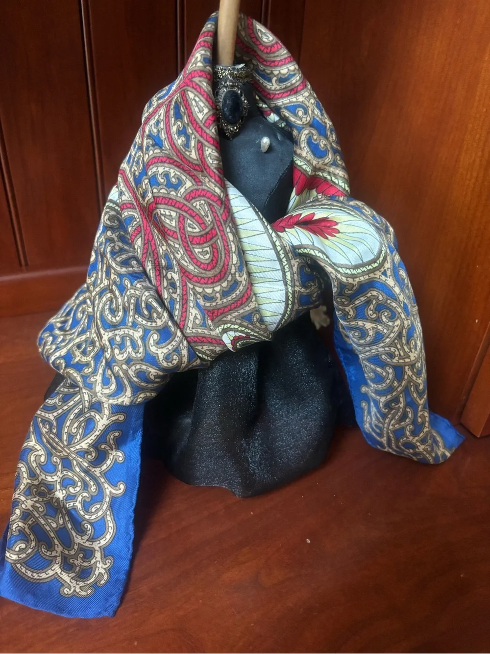 Navy Blue Paisley Silk blend Scarf with Red & Gold Accents